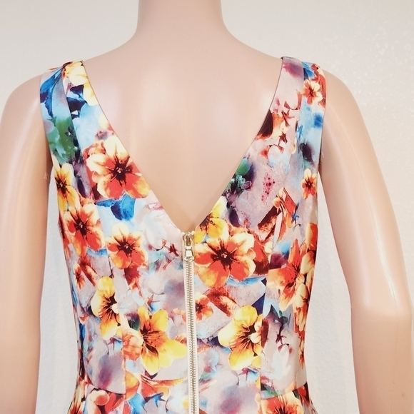 Betsey Johnson Floral Scuba V-Neck Fit Flare Skater A-Line Orange Blue Dress - Picture 8 of 13